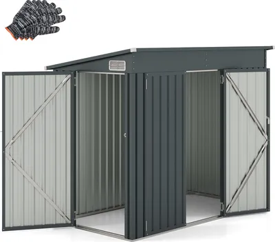 A dark gray metal garden shed with its doors open, showing the interior. A pair of gloves is placed in the top left corner.