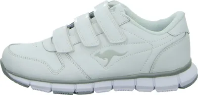 A side view of a white KangaROOS sneaker with gray accents.