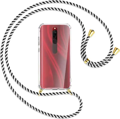 Produktbild von Handykette Backcover-Schutzhülle mit Band (Metall goldfarben) für Xiaomi Redmi 8 - schwarz/weiß gestreift