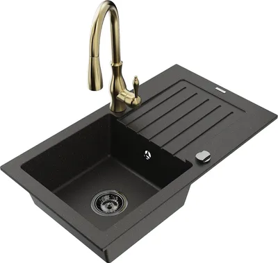 Produktbild von Mexen Pablo 1 Becken-Granitspüle mit Abtropffläche und Mischbatterie Savita, Schwarz/Gold metallisch - 6510-75-672601-50-B