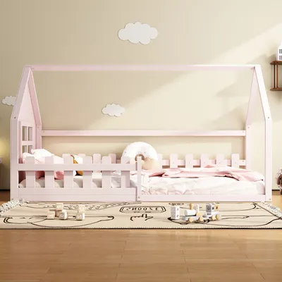 Productafbeelding van okwish Kinderbed, platformmodel, 90x200 cm, met lattenbodem, kinderbed in de vorm van een huis met een beschermingsreling, roze (zonder matras)