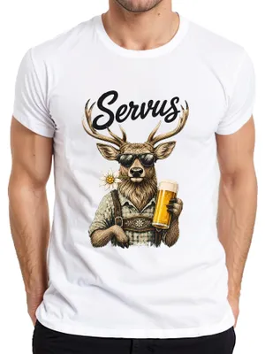 Produktbild von Servus Hirsch Lederhosen Bier Edelweiß Bayern Dirndl Herren T-Shirt, Weiß, M