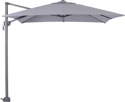 A gray cantilever patio umbrella is shown against a white background.
