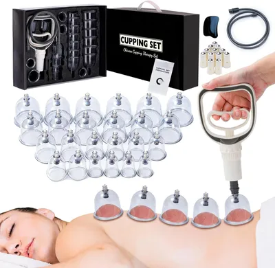 Productafbeelding van Brillen met vacuümpomp (24 stuks). Zuignappen voor gezicht en lichaam, set voor lymfedrainage, spierontspanning en tegen cellulitis