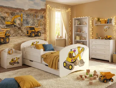 Produktbild von Happy Babies Kinderbett mit Rausfallschutz Junge 140x70 Bett für Kinderzimmer mit Schublade Matratze Einzelbett für Kinder Weiss, Bagger Motiv