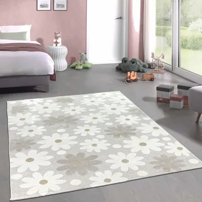 Zdjęcie produktu dla Słodki dywanik do pokoju dziecięcego z efektem 3D w kwiatowy wzór w kolorze kremowo-beżowym Rozmiar - 120 x 170 cm