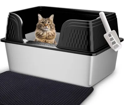 Imagen del producto de Arenero para gatos de acero inoxidable, con paredes altas, de 50x36x30 cm, ideal para gatos grandes