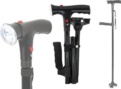 Three views of a foldable walking cane with a built-in light.