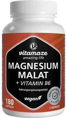 Produktbild von Vitamaze Magnesium Malat + Vitamin B6 Kapseln zur Unterstützung von Muskeln, Energiestoffwechsel und Nervenfunktion, 180 St. Kapseln