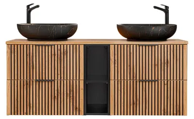 Produktbild von Doppelwaschtisch 140.6cm Gaia mit 4 Schubladen, Eichenoptik und Schwarz