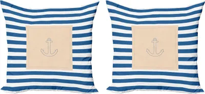 Zdjęcie produktu dla Zestaw poszewek na poduszki ABAKUHAUS Harbour Stripe (2 szt.), wizerunek kotwicy morskiej na pastelowych liniach oceanicznych, 50 x 50 cm, fioletowy niebieski brzoskwiniowy biały