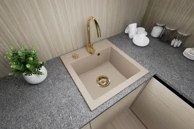 Produktbild von [Granitspüle 48x50 mit Armatur Gold Beige] Hochwertig Küchenspüle Eckig Einbaugranitspüle Granit f. Unterschränke ab 45 cm inkl. Siphon Set