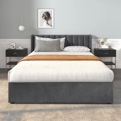 Immagine prodotto di okwish Letto imbottito 160 x 200 cm letto matrimoniale, struttura in velluto con 2 cassetti, griglia e poggiatesta, letto per bambini, Grigio