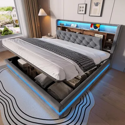 Produktbild von MODFU Doppelbett 180 x 200 mit Bettkasten,Jugendbett mit LED und gepolsterte Kopfteil,hydraulischer Polsterbett aus Samtbezug,Bettgestell ohne Matratze,Dunkelgrau