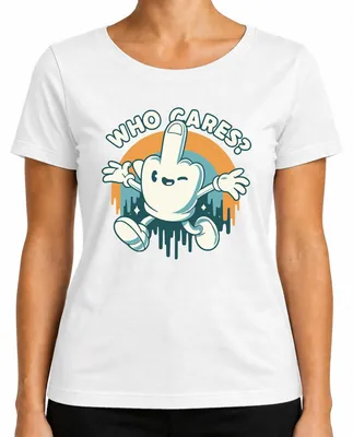 Productafbeelding van "Wie geeft er om?" T-shirt met een cartoon van een middelvinger, in retro-vintage stijl uit de jaren 90, voor dames, wit, maat M