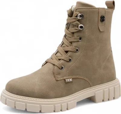A single taupe-beige colored boot is shown against a white background.