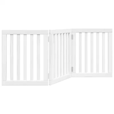 A white wooden pet gate with three panels, shown from the front.