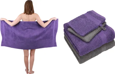 Produktbild von Betz 5 tlg. Handtuch Set SINGLE Pack 100% Baumwolle 1 Duschtuch 2 Handtücher 2 Waschhandschuhe farbe - lila - anthrazit grau  250804