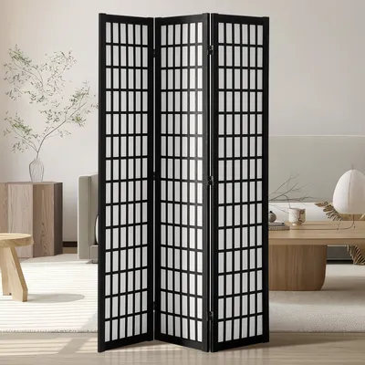 A three-panel room divider is set up in a living room, separating different areas of the space.