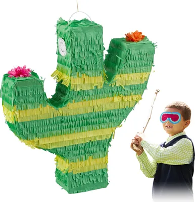 Image de Relaxdays Piñata cactus, à suspendre, enfants, garçons et filles, anniversaire, à remplir, piñata cactus, vert/jaune
