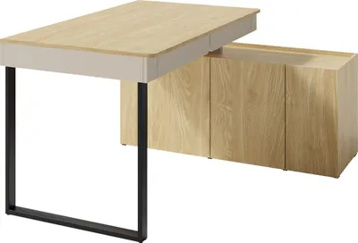 Produktbild von MIRJAN24 Schreibtisch Luca 10 mit drei Drehtüren und zwei Schubladen (Farbe: Sandbeige / Sandbeige + Geölte Eiche)