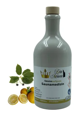 Produktbild von Dufte Momente | Saunaduft Konzentrat Saunamedizin (Kampfer, Zitrone) 500ml in weißer Steingutflasche | naturreine ätherische Öle | vegan
