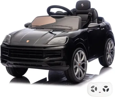 Zdjęcie produktu dla Elektryczny samochód dla dzieci Porsche Cayenne 12 V (1–5 lat) – oficjalna licencja, z pilotem, oponami EVA i funkcją łagodnego ruszania – elektryczny pojazd dla dzieci – czarny