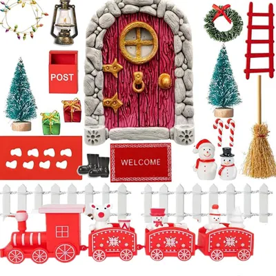 Produktbild von 21 PCS Wichteltür Komplettset, Weihnachten set für Kinder Wichtelhaus Wichtel Zubehör Briefkasten Feentürchen mit Licht, Stiefel, Zaun, Kranz, Leiter