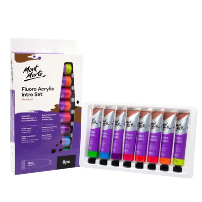 Produktbild von Mont Marte Acrylfarben Set – Fluoreszierend – 8 Stück, 18 ml Tuben, Neoneffekt unter Schwarzlicht – für Leinwand, Holz, Steine, Textil, Glas uvm.