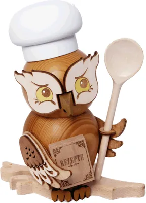 Produktbild von Drechslerei Kuhnert - Räucherfigur Eule als Koch - Größe ca. 15cm, für Räucherkerzen Größe M (Standard) - 37210