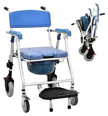 Produktbild von Klappbarer Duschstuhl für Senioren, fahrbarer Toilettenstuhl mit Rollen, Duschsitz mit Armlehnen und Rückenlehne, Toilettenstühle für Menschen mit Behinderungen, Tragfähigkeit 150 kg, Blau