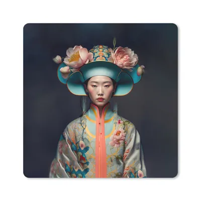 Produktbild von MuchoWow® Mauspad Mousepad Frauen - Asiatisch - Porträt - Kleidung - Blumen 20x20 cm - Mousepads - Maus Mat - Pad - Mausunterlage - Desk Mat - Bureauartikeln