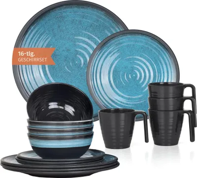 Zdjęcie produktu dla Zestaw naczyń kempingowych z melaminy 4 osoby Stone Blue + 4 kubki Stone kubki do kawy zastawa stołowa piknik BBQ naczynia kuchenne