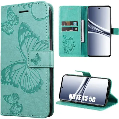 Image de Coque pour Xiaomi Redmi Note 15 5G/4G, Protection Rabat Cuir Synthétique Antichoc Motif Papillon Vert