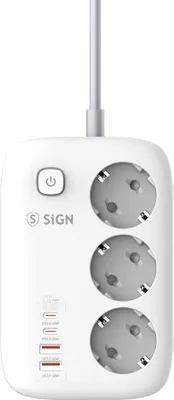 Produktbild von SiGN 65W GaN Schnelllade-Steckdosenleiste mit 3 Steckdosen, 2 USB-A-Anschlüssen, 2 USB-C-Anschlüssen, 2 m Kabel - Weiß