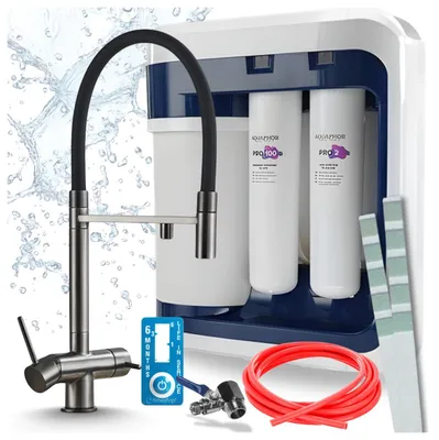 Produktbild von Ari 3-Wege-Küchenarmatur Highflex, Graphit, Ausziehbare Spültischarmatur Im Set Mit Aquaphor Ro-202S Pro Wasserfiltersystem