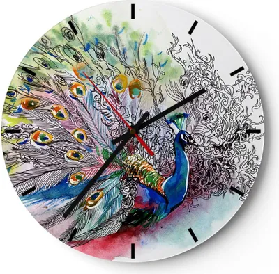 Produktbild von Wanduhr - Rund - Glasuhr - Pfau Feder Farbe - 30x30cm - Schleichendes Uhrwerk - Lautlos - zum Aufhängen bereit - Dekoration Modern - Wanddekoration aus Glas - C3AR30x30-3556