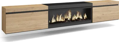 A modern, wall-mounted TV cabinet with a built-in electric fireplace.