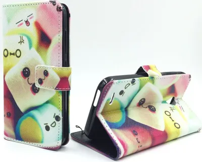 A flip-style phone case with a colorful marshmallow design is shown from two angles against a white background.