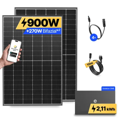 Produktbild von 900W Balkonkraftwerk mit Speicher Solakon ONE (2,11 kWh) Solaranlage Steckerfertig WIFI Komplettset Photovoltaik Anlage 800W, Kabellänge: 10m