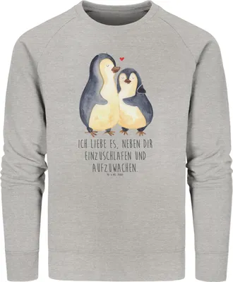Produktbild von Mr. & Mrs. Panda Baumwoll Pullover Pinguine Einschlafen Größe M - Heather Grey - Geschenk, Sweatshirt, Hochzeitstag, Valentinstag, für Frauen, Sweater, Freundin, Partner