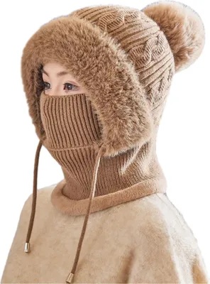 Produktbild von Strickmütze für Damen, winddicht, isoliert, Wintermütze mit Plüschbommel, 3-in-1-Mütze, Gesichtsschutz und Schal