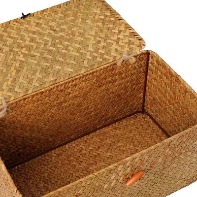 Produktbild von Famanu Aufbewahrungskorb mit Deckel - Natürlicher Rattan Gewebter Rechteckiger Organizer - 30 x 18 x 15 cm
