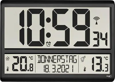 Produktbild von Unyqoos® Digitale XL Funk-Wanduhr 60.4521.01 – Funkuhr mit Innen-/Außentemperatur, Wochentag (8 Sprachen), Datum, Wecker, schwarz, 360×235×28(84) mm