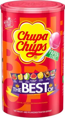 Produktbild von Chupa Chups The Best Of, Apfel, Cola, Creme, Erdbeere, Lutscher, Mehrfarbig, 12 g, Nuss, Soja, 100 Stück(e)