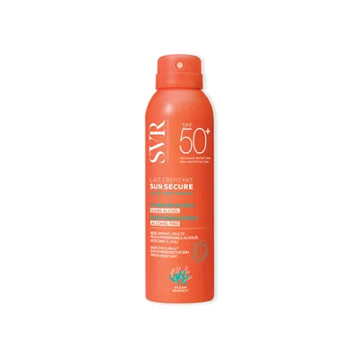 A product shot of an orange spray bottle of sunscreen against a white background.