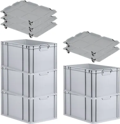 Produktbild von SparSet 5x Eurobox NextGen Economy mit Auflagedeckel und 4x Schiebeschnappverschlüsse Schwarz | Griffe geschlossen | HxBxT 32x40x60cm | 65 Liter | Eurobehälter, Transportbox, Transportbehälter, Stapelbehälter
