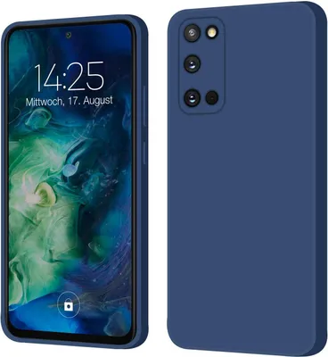 A product image showing a blue phone case from two angles, with a phone screen visible on the left.