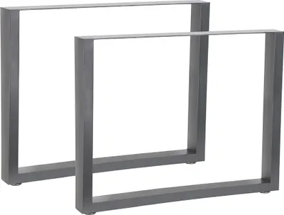 Two gray metal table legs are shown against a white background.