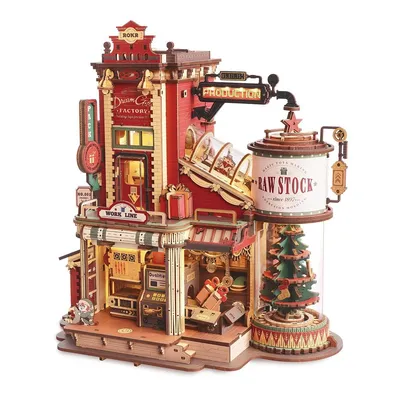 A 3D wooden model of a Christmas gift factory.